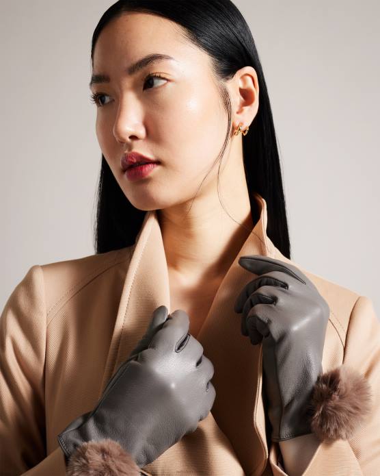 Ted Baker femmes 60VD1168 accessoires gants en cuir à pompons Nacy gris
