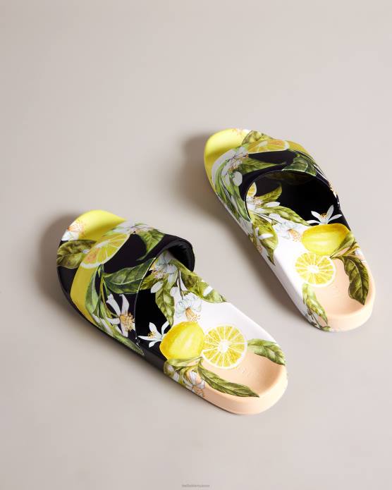Ted Baker femmes 60VD860 chaussures azzin - claquettes en satin à imprimé citron jaune