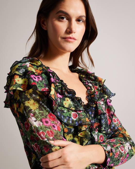 Ted Baker femmes 60VD327 vêtements Amell - Blouse à manches longues et col en V à volants noir