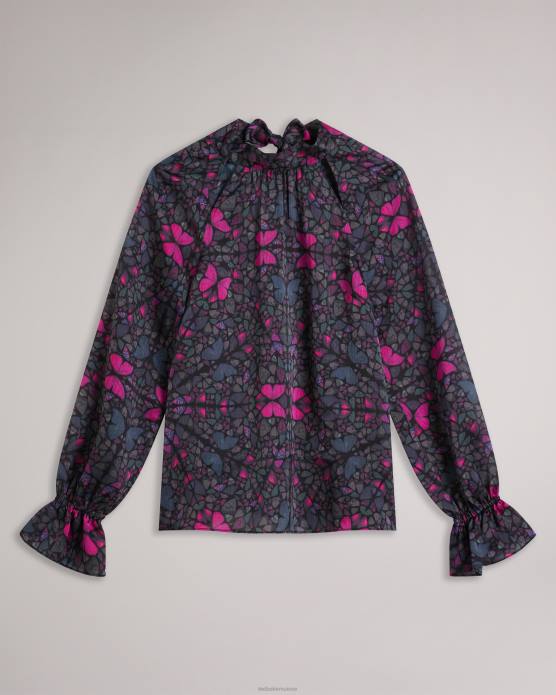 Ted Baker femmes 60VD71 vêtements heiydii - Blouse en satin à imprimé papillon et col montant noir