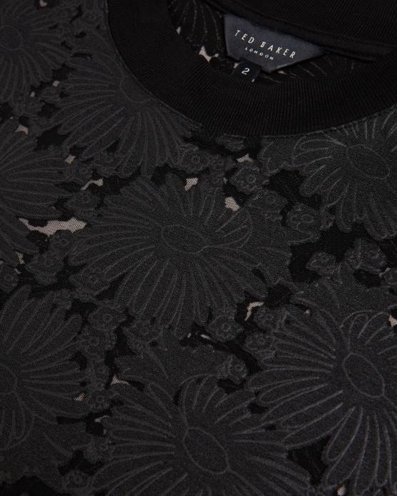 Ted Baker femmes 60VD186 vêtements t-shirt décontracté en dentelle fleurie Maralo noir