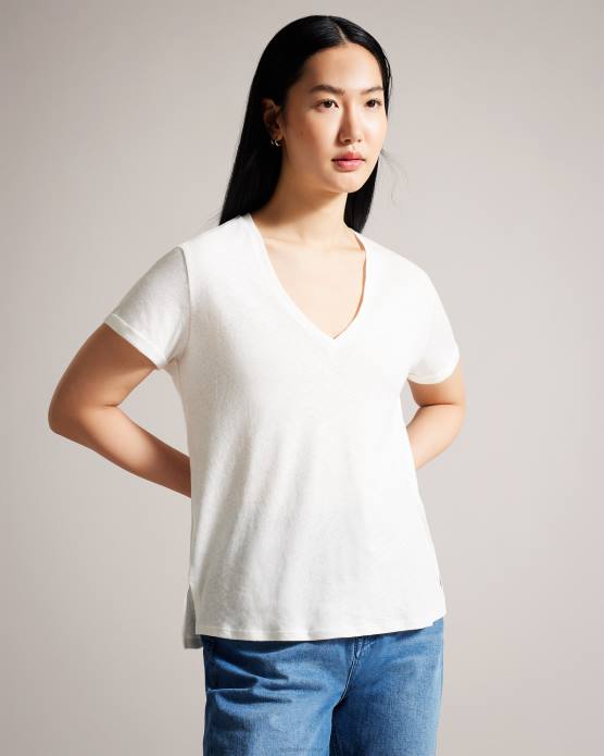 Ted Baker femmes 60VD475 vêtements t-shirt laliita col v en coton et lin blanc