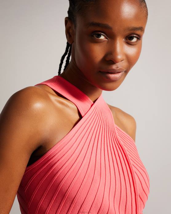 Ted Baker femmes 60VD26 vêtements Loueli - Robe plissée croisée sur le devant avec corsage en tricot corail