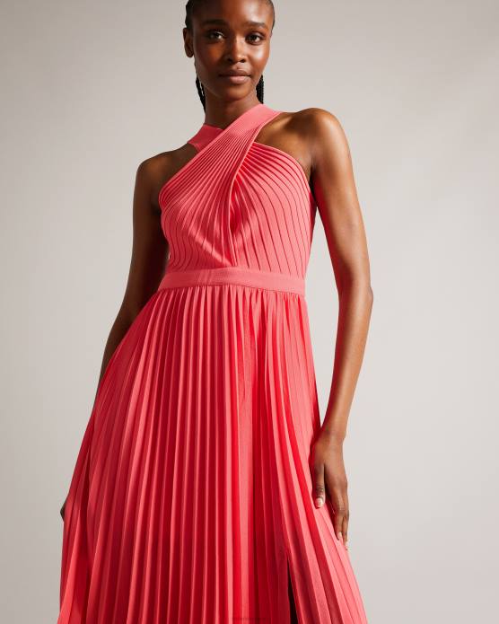 Ted Baker femmes 60VD26 vêtements Loueli - Robe plissée croisée sur le devant avec corsage en tricot corail