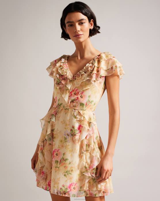 Ted Baker femmes 60VD22 vêtements Ammiah - Robe courte fleurie à volants et col en V bronzer