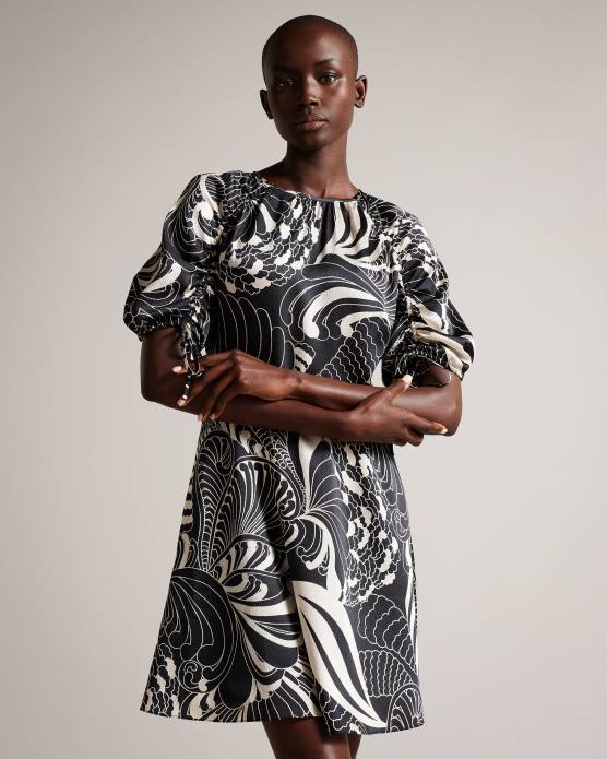 Ted Baker femmes 60VD70 vêtements faridda - robe courte imprimée à manches bouffantes noir