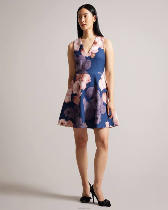 Ted Baker femmes 60VD69 vêtements robe patineuse imprimée à col en V emleey bleu foncé