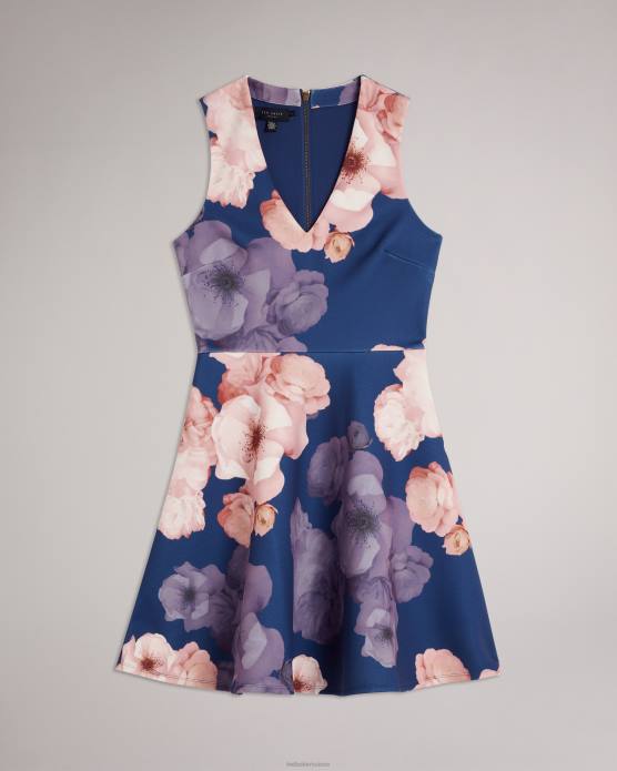 Ted Baker femmes 60VD69 vêtements robe patineuse imprimée à col en V emleey bleu foncé