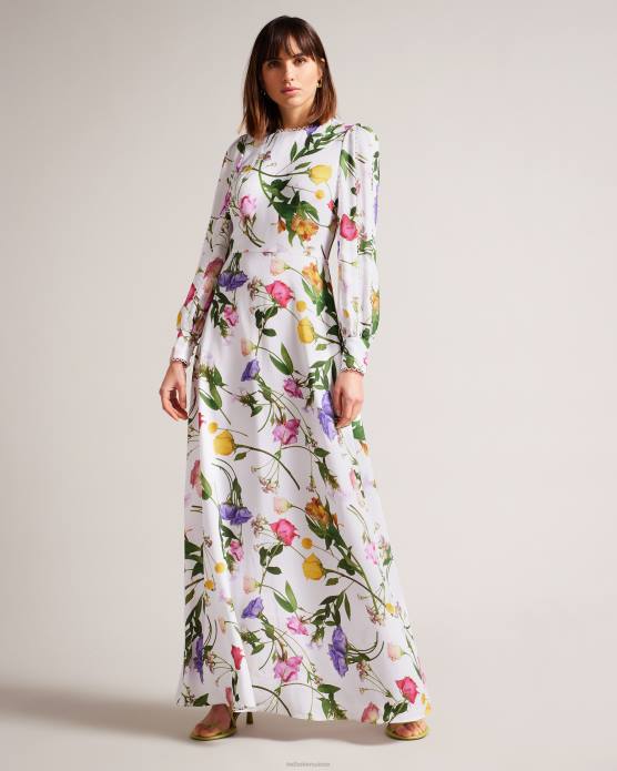 Ted Baker femmes 60VD211 vêtements Marggoh - Robe longue fleurie à manches blousantes blanc