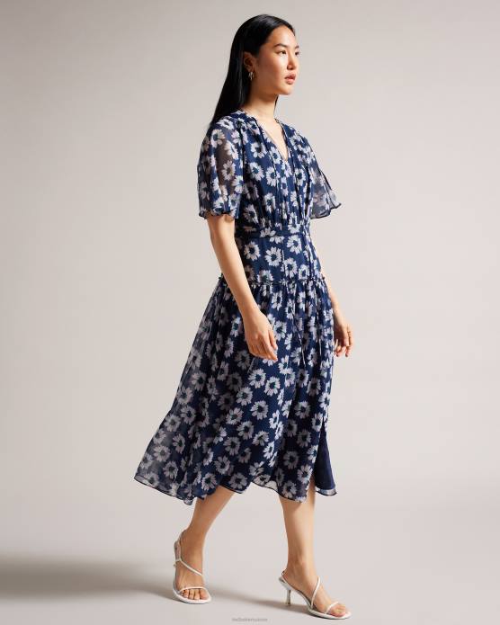 Ted Baker femmes 60VD151 vêtements robe mi-longue à volants et imprimé fleuri Marllee bleu marine foncé