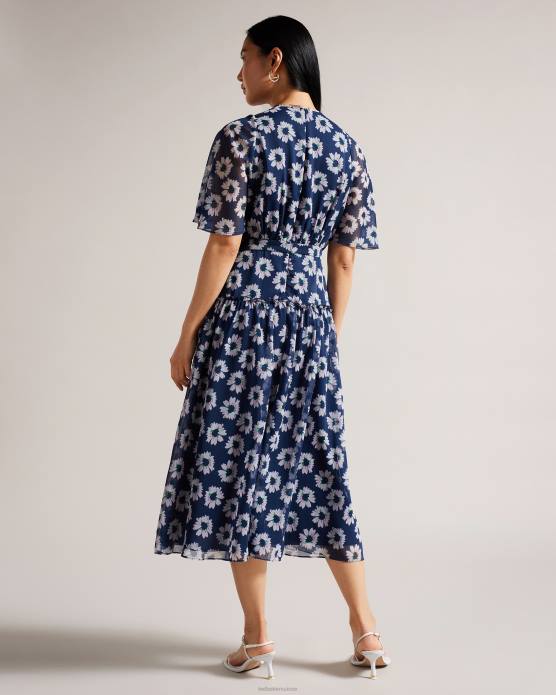 Ted Baker femmes 60VD151 vêtements robe mi-longue à volants et imprimé fleuri Marllee bleu marine foncé