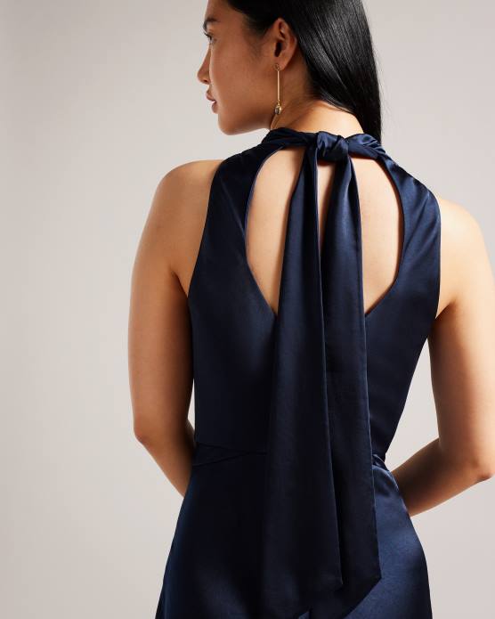 Ted Baker femmes 60VD15 vêtements Lilymay - Robe mi-longue à col bénitier et coupe en biais bleu foncé