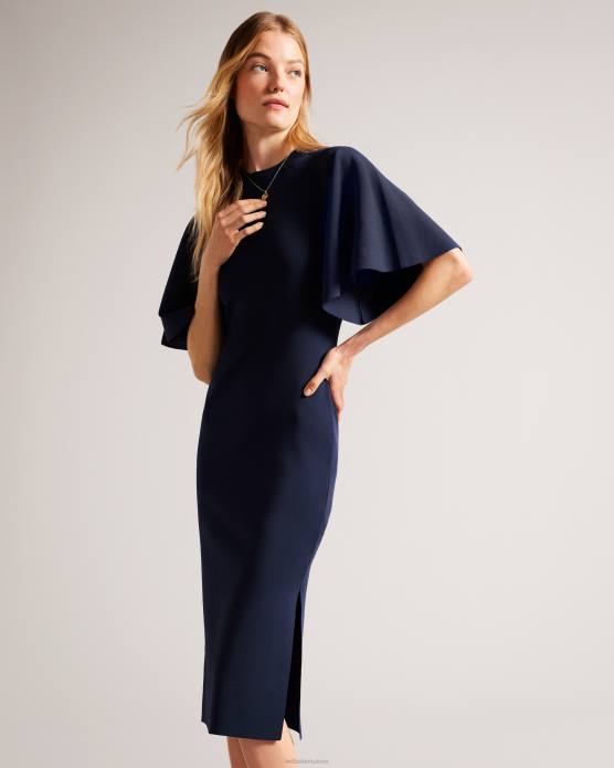 Ted Baker femmes 60VD187 vêtements robe midi moulante en maille à manches évasées Lounia bleu foncé