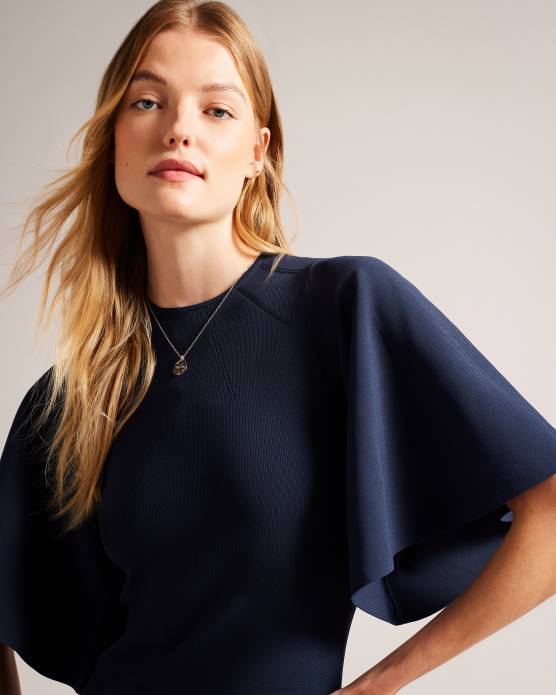 Ted Baker femmes 60VD187 vêtements robe midi moulante en maille à manches évasées Lounia bleu foncé