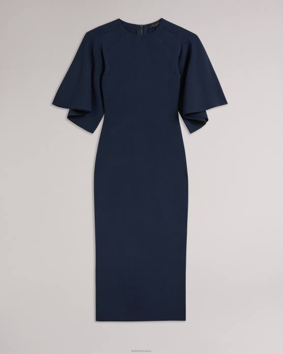 Ted Baker femmes 60VD187 vêtements robe midi moulante en maille à manches évasées Lounia bleu foncé