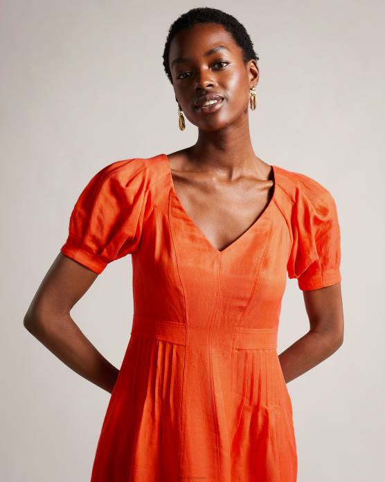 Ted Baker femmes 60VD209 vêtements Opalz - Robe mi-longue évasée à manches bouffantes Orange vif