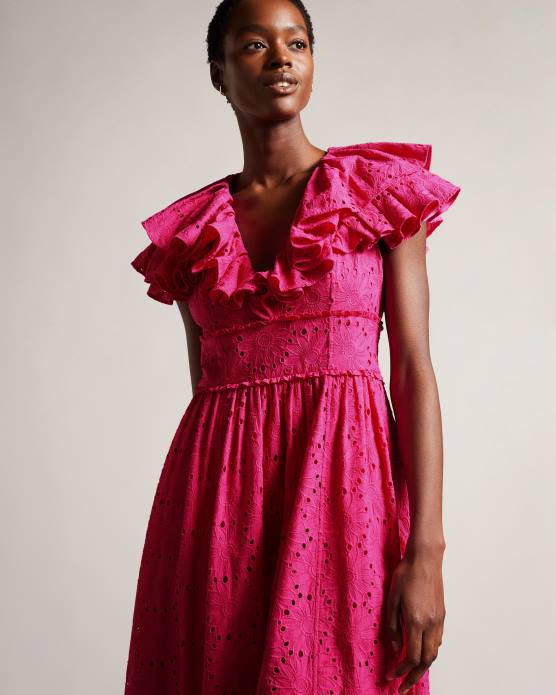 Ted Baker femmes 60VD245 vêtements robe d'été mi-longue à volants et col en V Mirza rose pétant