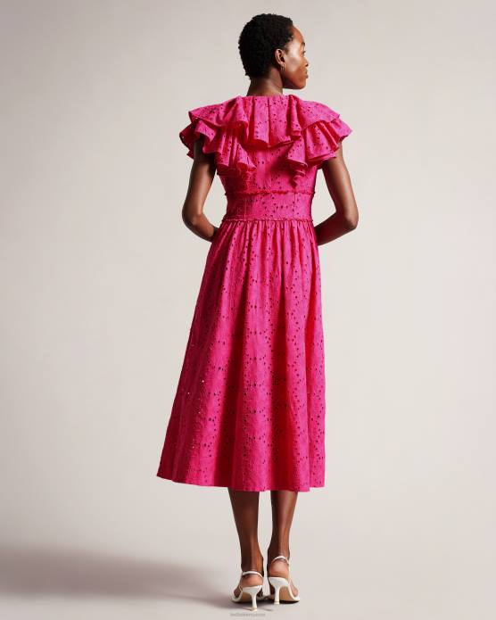 Ted Baker femmes 60VD245 vêtements robe d'été mi-longue à volants et col en V Mirza rose pétant