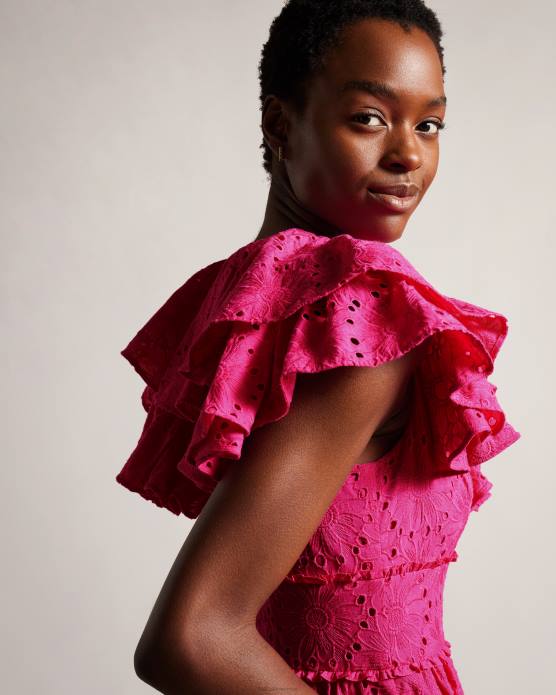 Ted Baker femmes 60VD245 vêtements robe d'été mi-longue à volants et col en V Mirza rose pétant