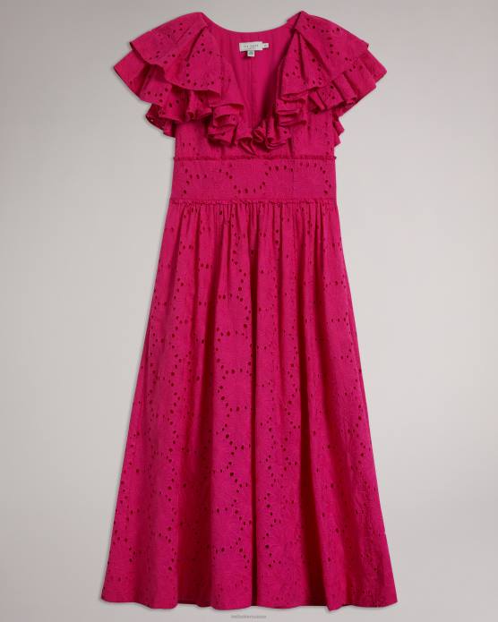 Ted Baker femmes 60VD245 vêtements robe d'été mi-longue à volants et col en V Mirza rose pétant