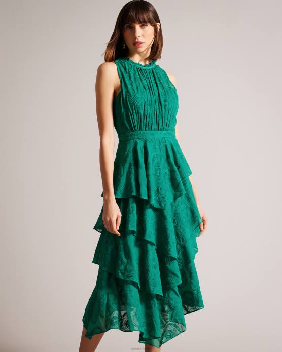 Ted Baker femmes 60VD464 vêtements robe mi-longue brodée Floryah avec jupe à volants vert