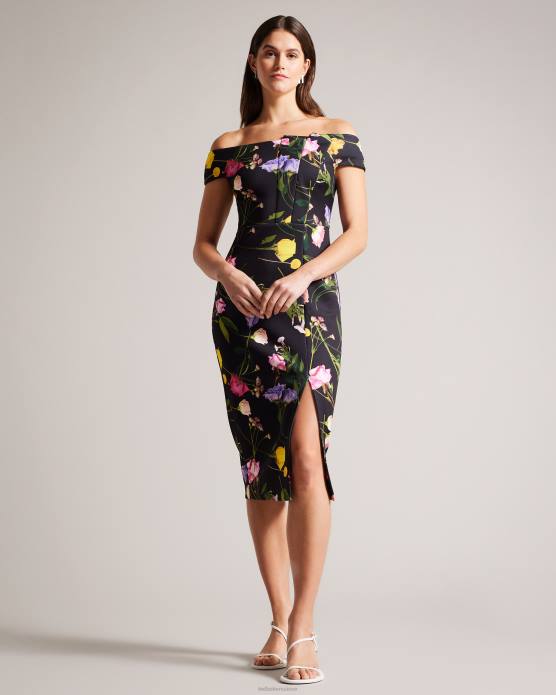 Ted Baker femmes 60VD172 vêtements robe moulante style Bardot à fleurs Loveina noir