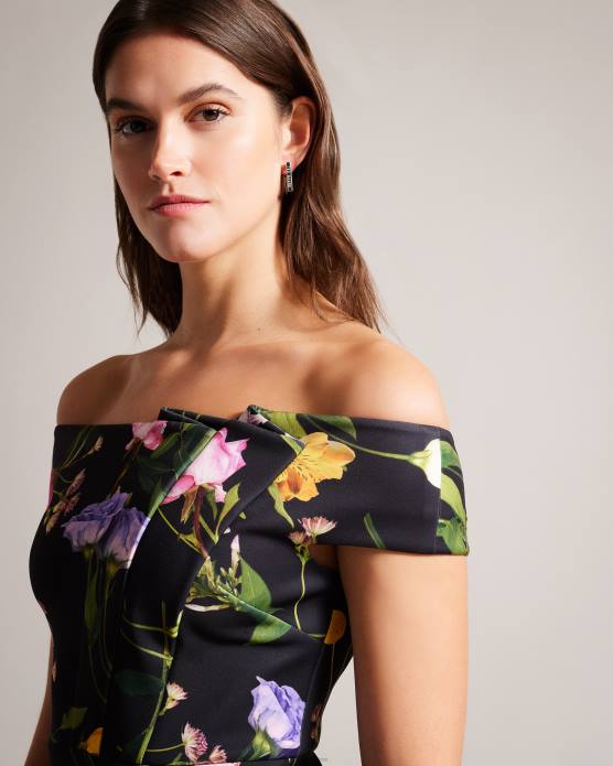 Ted Baker femmes 60VD172 vêtements robe moulante style Bardot à fleurs Loveina noir