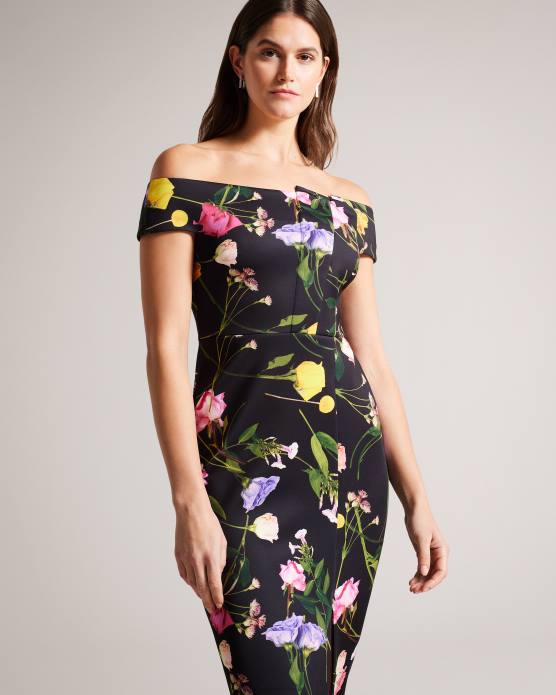 Ted Baker femmes 60VD172 vêtements robe moulante style Bardot à fleurs Loveina noir