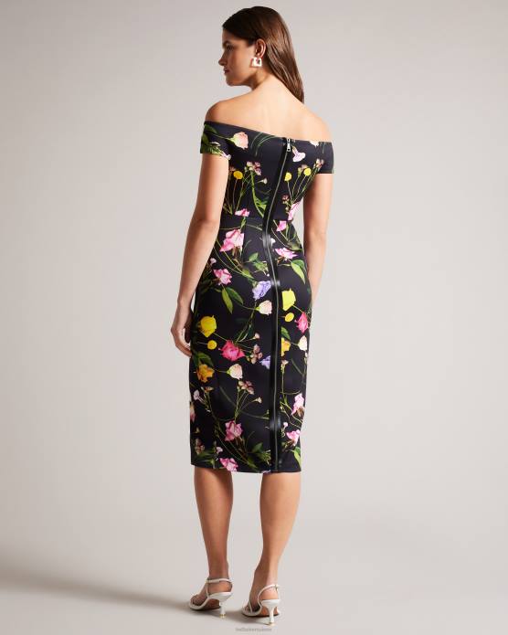Ted Baker femmes 60VD172 vêtements robe moulante style Bardot à fleurs Loveina noir