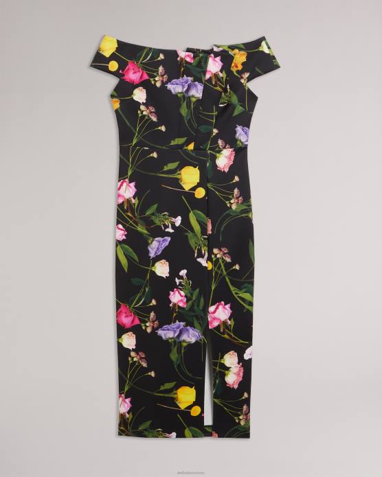 Ted Baker femmes 60VD172 vêtements robe moulante style Bardot à fleurs Loveina noir