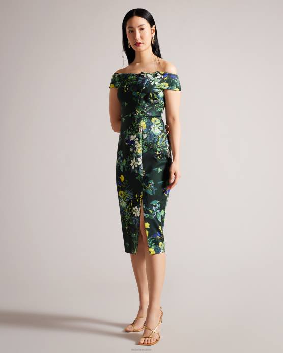 Ted Baker femmes 60VD215 vêtements Divena - Robe moulante plissée à fleurs style Bardot vert foncé