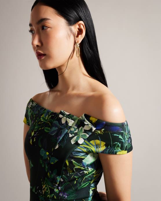 Ted Baker femmes 60VD215 vêtements Divena - Robe moulante plissée à fleurs style Bardot vert foncé