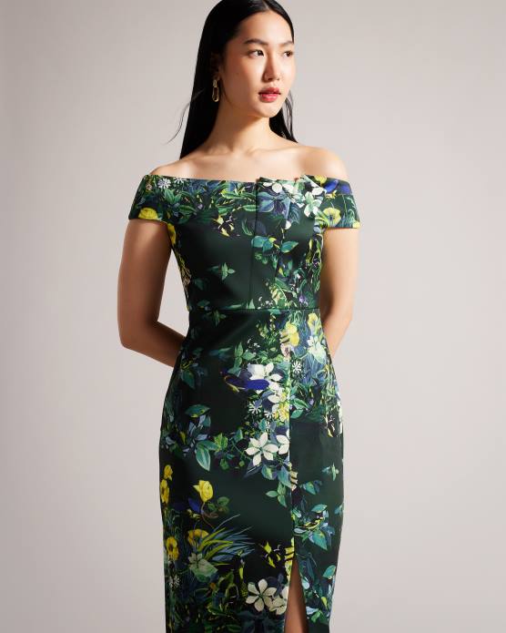 Ted Baker femmes 60VD215 vêtements Divena - Robe moulante plissée à fleurs style Bardot vert foncé