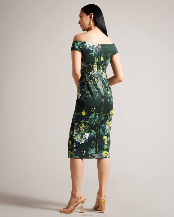 Ted Baker femmes 60VD215 vêtements Divena - Robe moulante plissée à fleurs style Bardot vert foncé