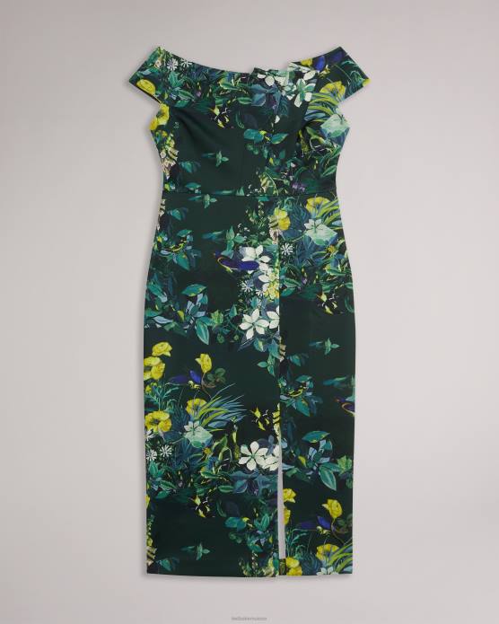 Ted Baker femmes 60VD215 vêtements Divena - Robe moulante plissée à fleurs style Bardot vert foncé