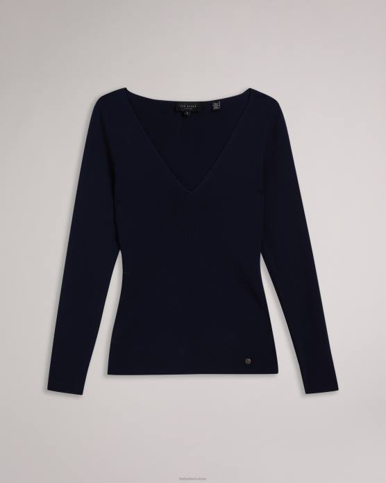 Ted Baker femmes 60VD404 vêtements Cileste - Haut en maille coupe slim à col en V bleu foncé