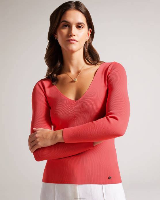 Ted Baker femmes 60VD49 vêtements Cileste - Haut en maille coupe slim à col en V corail