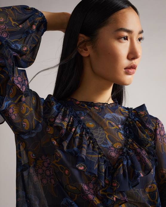 Ted Baker femmes 60VD558 vêtements Jovena - Haut imprimé à volants et cascade marine