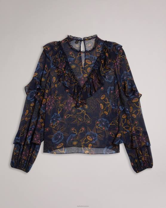 Ted Baker femmes 60VD558 vêtements Jovena - Haut imprimé à volants et cascade marine