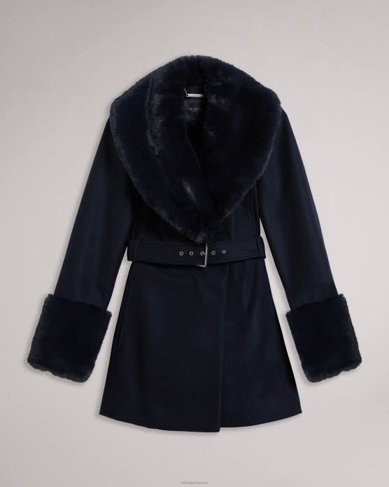 Ted Baker femmes 60VD422 vêtements manteau ceinturé loleta avec col et poignets en fausse fourrure marine