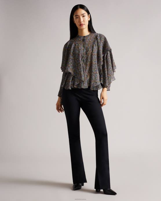 Ted Baker femmes 60VD579 vêtements Pinku - Blouse à volants imprimée Retro Flood noir