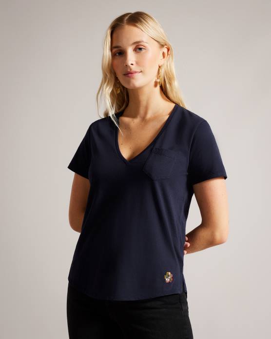 Ted Baker femmes 60VD542 vêtements t-shirt à col en V coupe facile livèche marine
