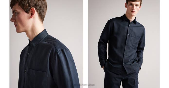 Ted Baker Hommes 60VD1648 vêtements chemise en lin mélangé épais à manches longues belvue marine