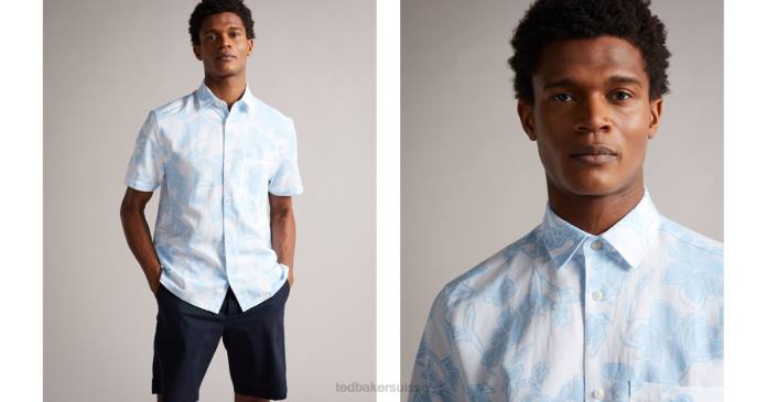 Ted Baker Hommes 60VD1655 vêtements telfrd - chemise à imprimé floral à manches courtes bleu clair