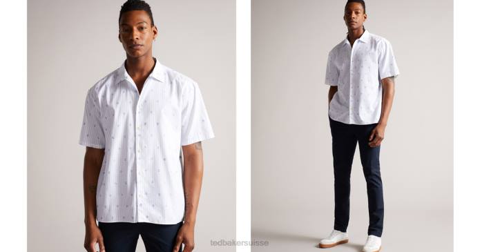Ted Baker Hommes 60VD1658 vêtements ailbee - chemise coupe fleurie à rayures et manches courtes blanc