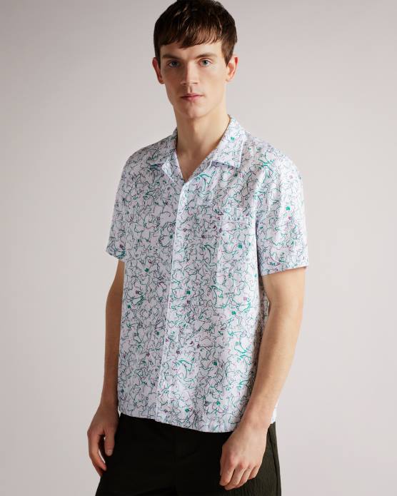 Ted Baker Hommes 60VD1677 vêtements bartlet - chemise imprimée à revers et manches courtes blanc