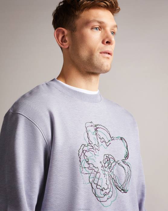 Ted Baker Hommes 60VD1650 vêtements carick sweat-shirt à fleurs brodées à manches longues violet clair