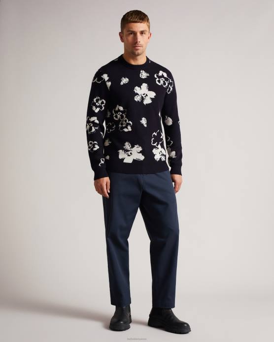 Ted Baker Hommes 60VD1689 vêtements Sandsen - T-shirt ras du cou à imprimé floral et manches longues bleu marine foncé