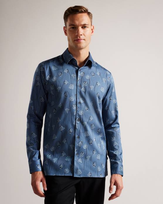 Ted Baker Hommes 60VD1243 vêtements frith - chemise à fleurs à manches longues bleu moyen