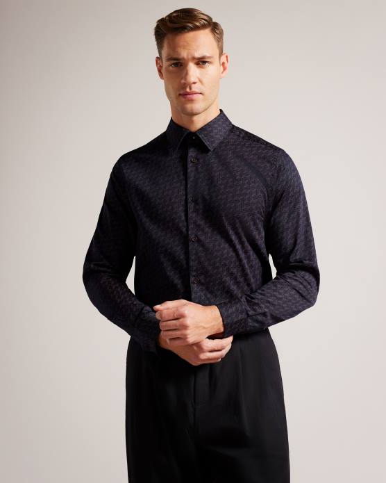 Ted Baker Hommes 60VD1256 vêtements chemise à imprimé papillon géométrique à manches longues Matlock marine
